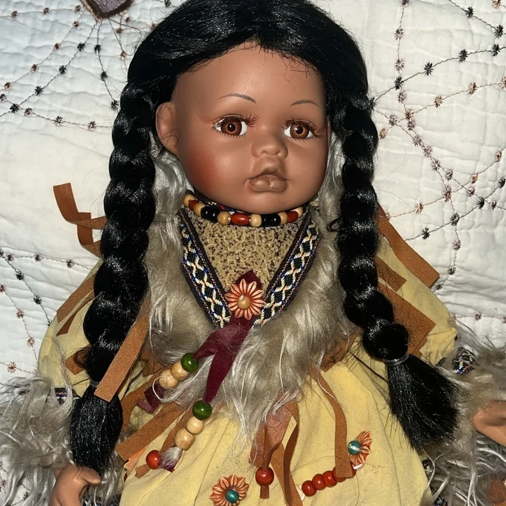 Indian girl porcelain and stuffed doll with costume 15 1/2”